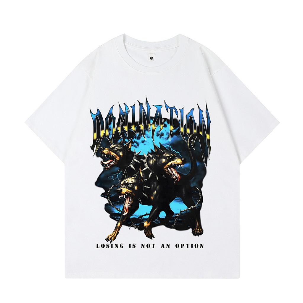 Summer Men'S Trendy Brand Short-Sleeved T-Shirt American High Street Vintage Doberman Print Fried Color T-Shirt