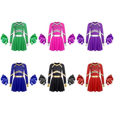 Girls Long Sleeve Cheerleading Costume Sparkly Rhinestones Letter Design Metallic Dress Hand Flowers Set