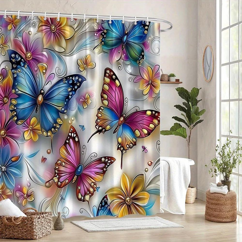 Vibrant Butterfly & Flower Shower Curtain - Multicolored Jewel Accents, Fairy-Tale Quality, Pastel Colors, Bathroom Decor