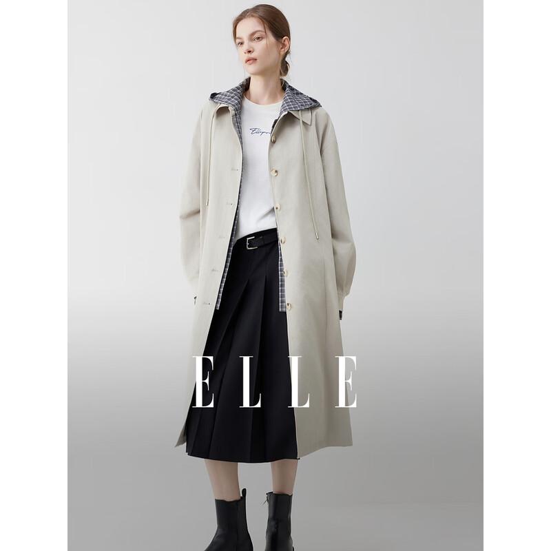 

ELLE Plaid Patchwork Long Trench Coat L