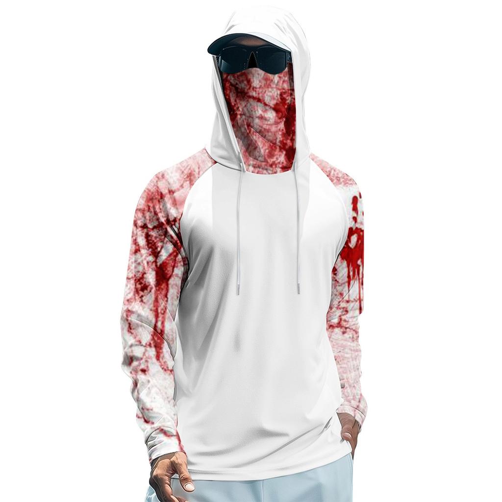 Erkaklar uchun Performance Baliq Ovlash Raglan Halloween Printli Xudi - UPF 50+ UV Uzun Qisma Quyoshdan Himoya Ko'ylak Mesh Vizor bilan