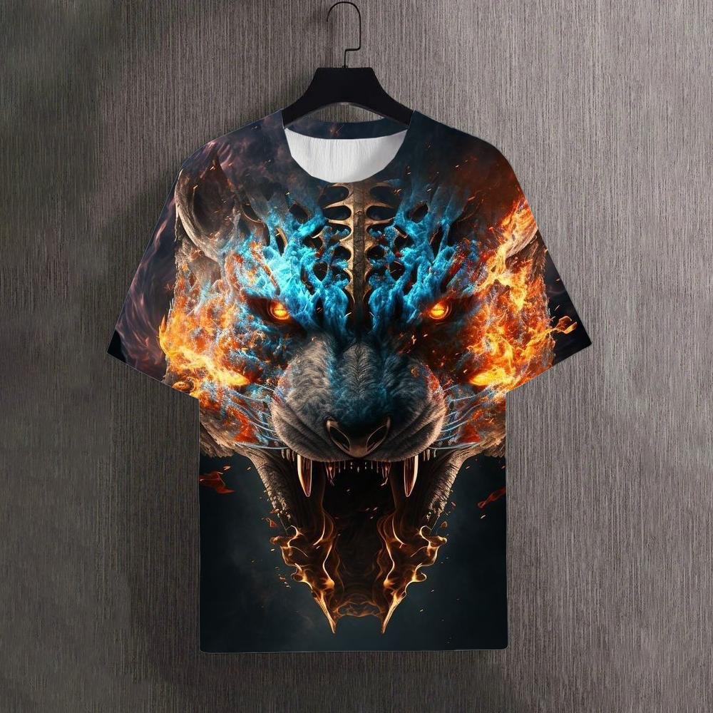 Herre T-skjorter Sommer Dyr Ulv Mønster 3D Trykk Topper Tees Dame Streetwear Mote Oversized T-skjorte Herre Klær
