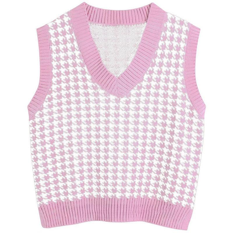 Women Fashion Oversized Houndstooth Plaid Knitted Vest Sweater Vintage Sleeveless Side Vents Female Waistcoat Chic Tops