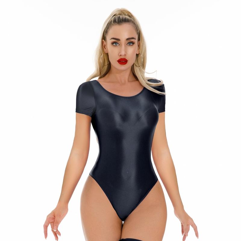 Sexy Women High Cut Bodysuit Sheer See Through Oil Glossy Shiny Elastic Tights Thong Yoga Leotard Maid Dance Wear
