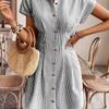 Fashion Fashion Commuter Ol Single-Breasted Blue Stripes Cardigan Casual Shoulder Short Sleeve Shirt Dress Dress