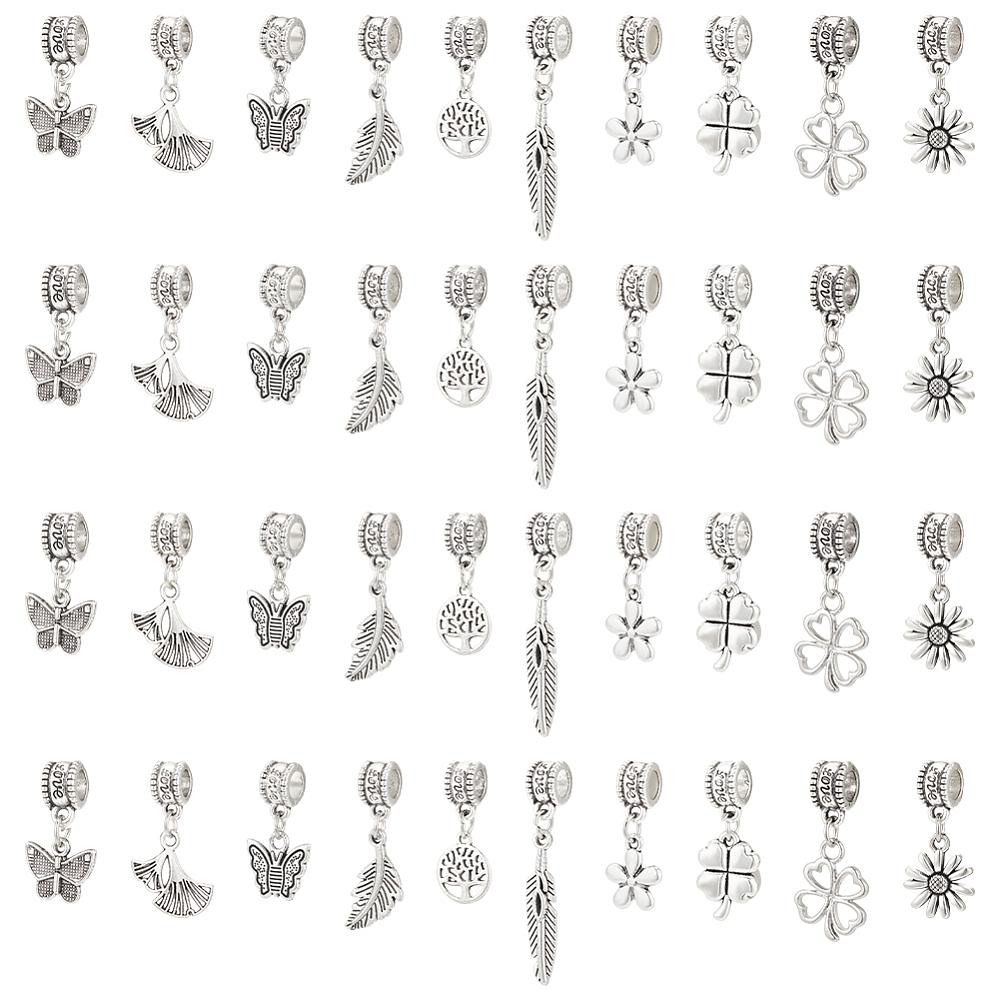 60Pcs 10 Styles Rack Plating Brass European Dangle Charms Large Hole Pendants Mixed Shapes Lead Free & Cadmium Free Antique Silver 22~39mm Hole: 4.5mm