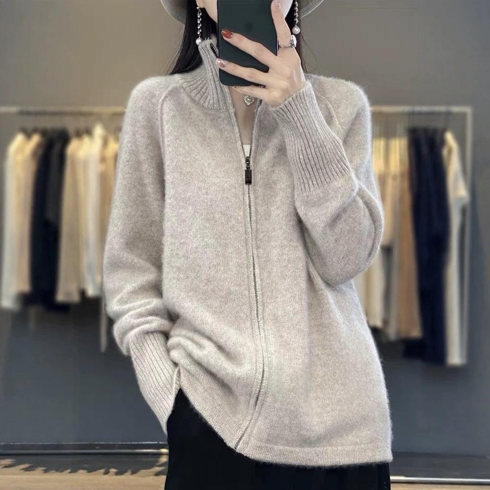 European and American Pure Color Half-High Collar Knit Zipper Sweater for Women - Autumn/Winter Loose Slimming Cardigan