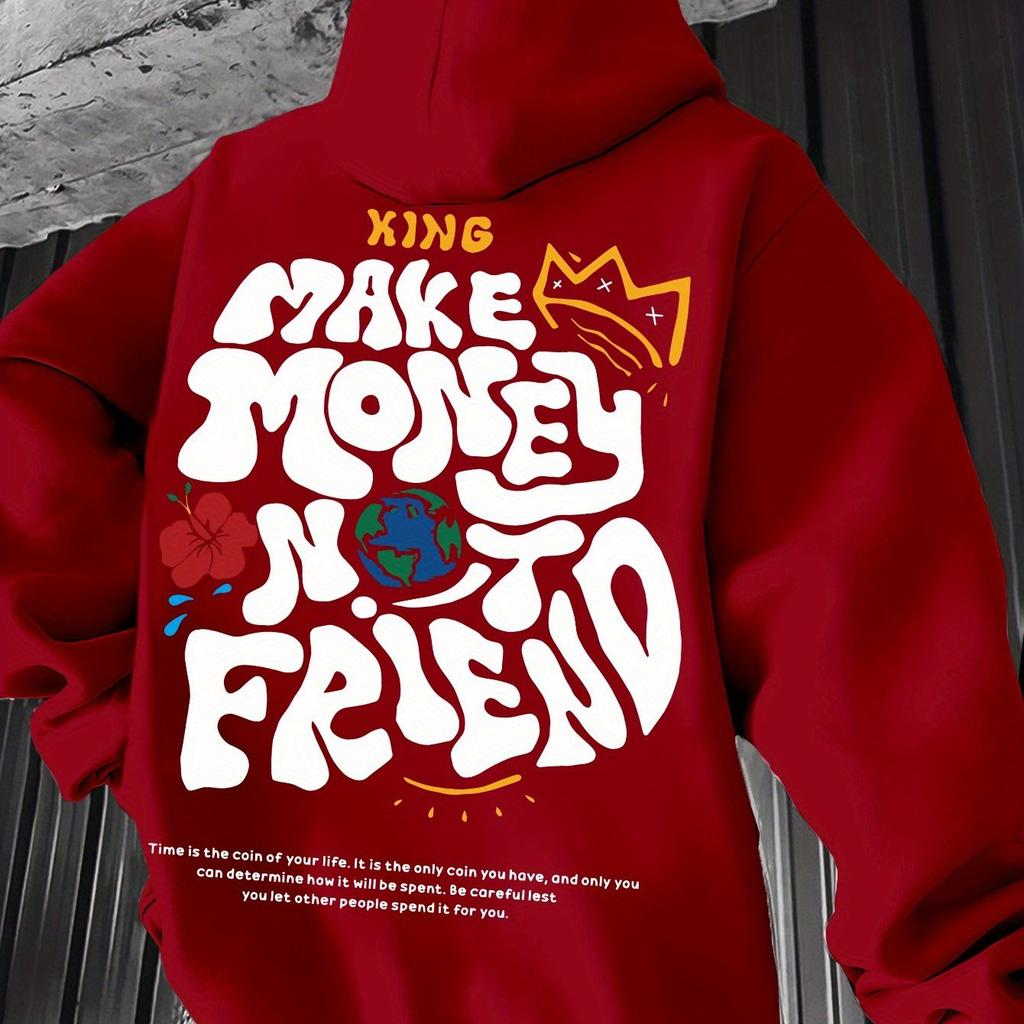 Men's Autumn and Winter Casual Fashion Loose Plus Size Letter Pattern Print Fleece Warm Long Sleeved Hooded Sweatshirt Pullover