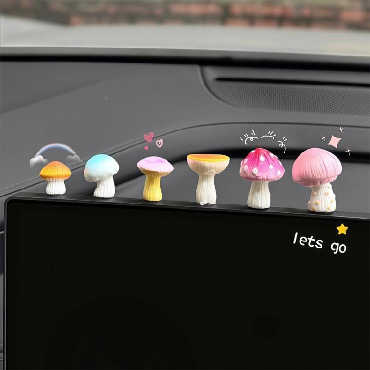 Set of 6 Cute Small Mushroom Resin Figurines Car Interior Decors For Dashboard Rearview Mirror Or Window Decoration