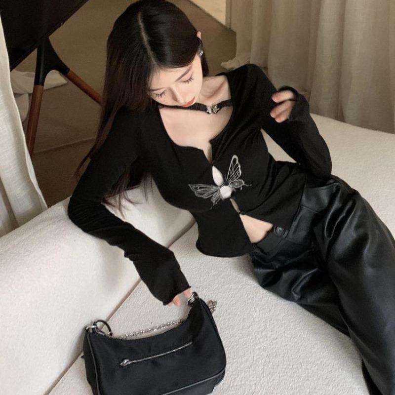 2KWEIRD Gothic Butterfly Print T-shirt Grunge Fairycore Hollow Out Crop Tops Japanese Harajuku Slim Tshirt Y2k Aesthetics Dark