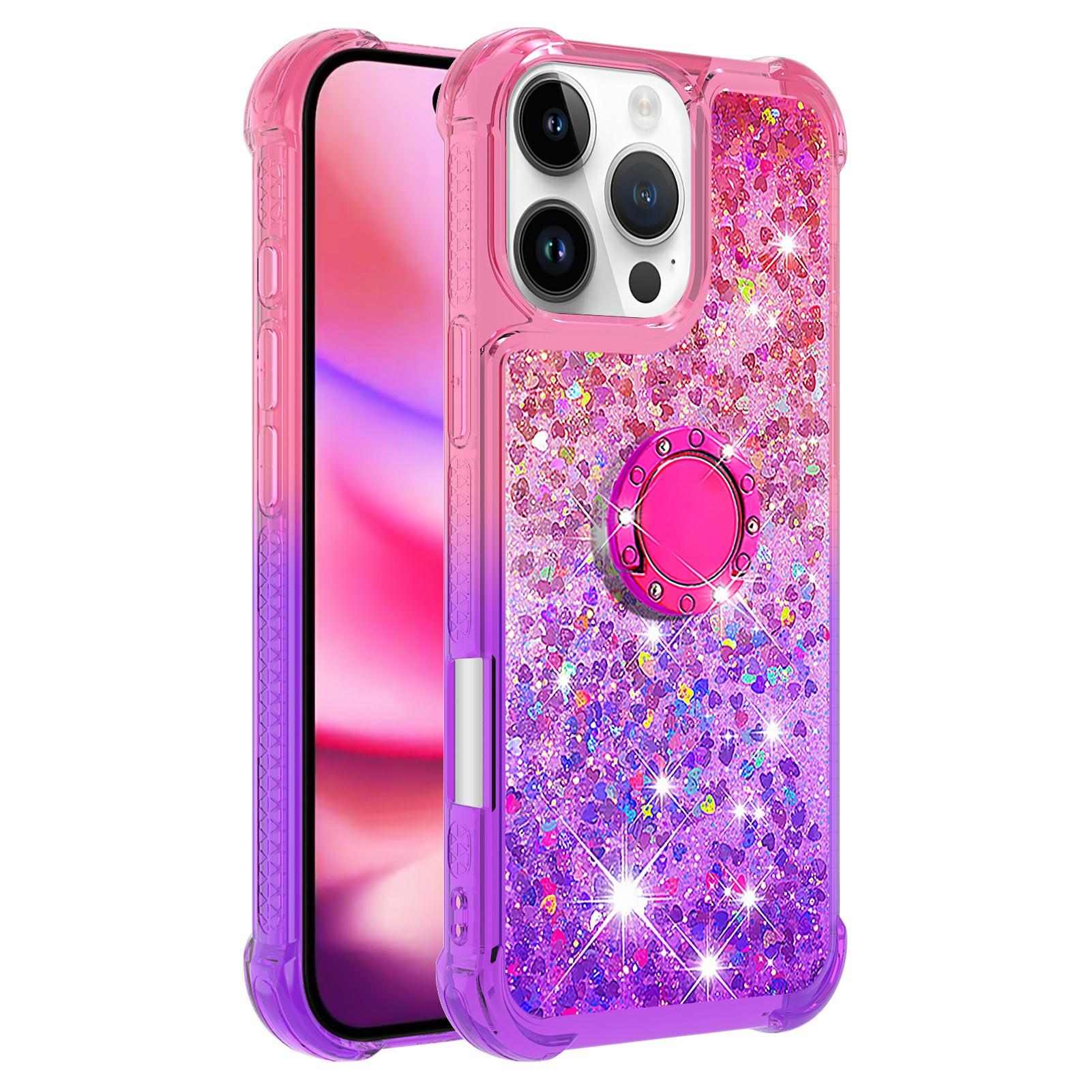 

For iPhone 16 Pro Max TPU Case with Kickstand Gradiant Quicksand Shockproof Cover Pink+Purple