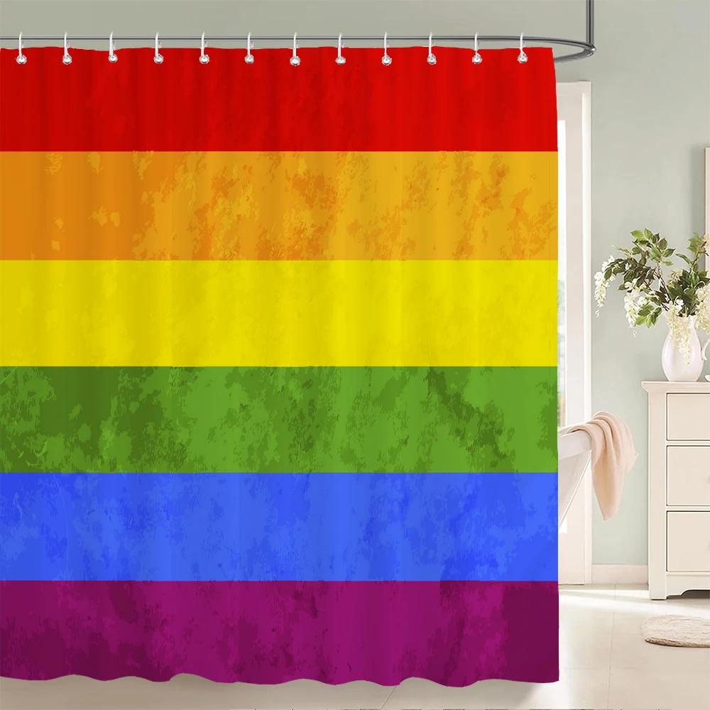 1 Pcs Shower Curtain Color Stripe Printed Bathroom Curtain Polyester Cloth Waterproof Home Decoration Curtain with Hooks