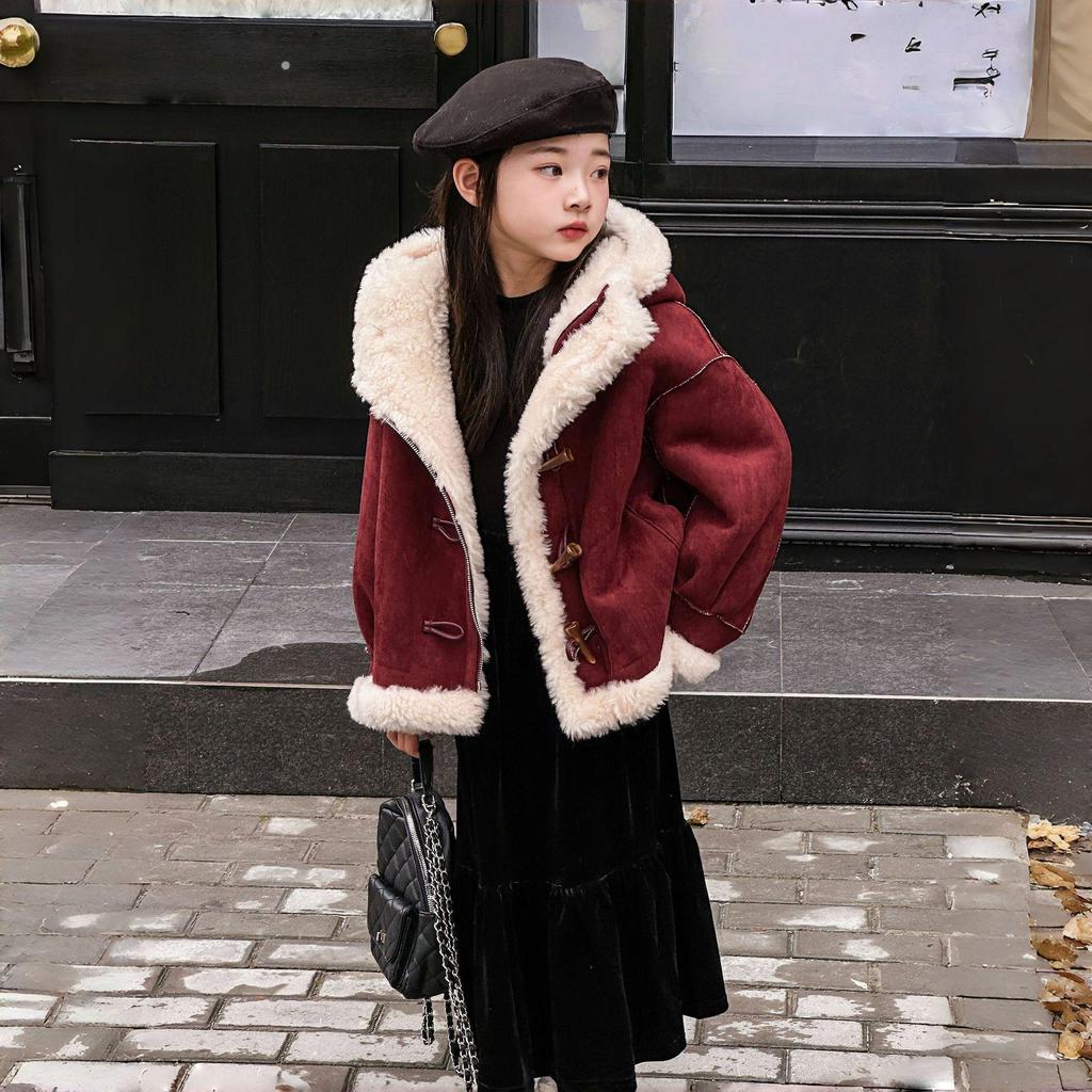 Kinder Koreanischer Stil Kunstfell Kapuzen Lammfellmantel - Jungen & Mädchen Winter Warm Duffle-Knopf Einteiler