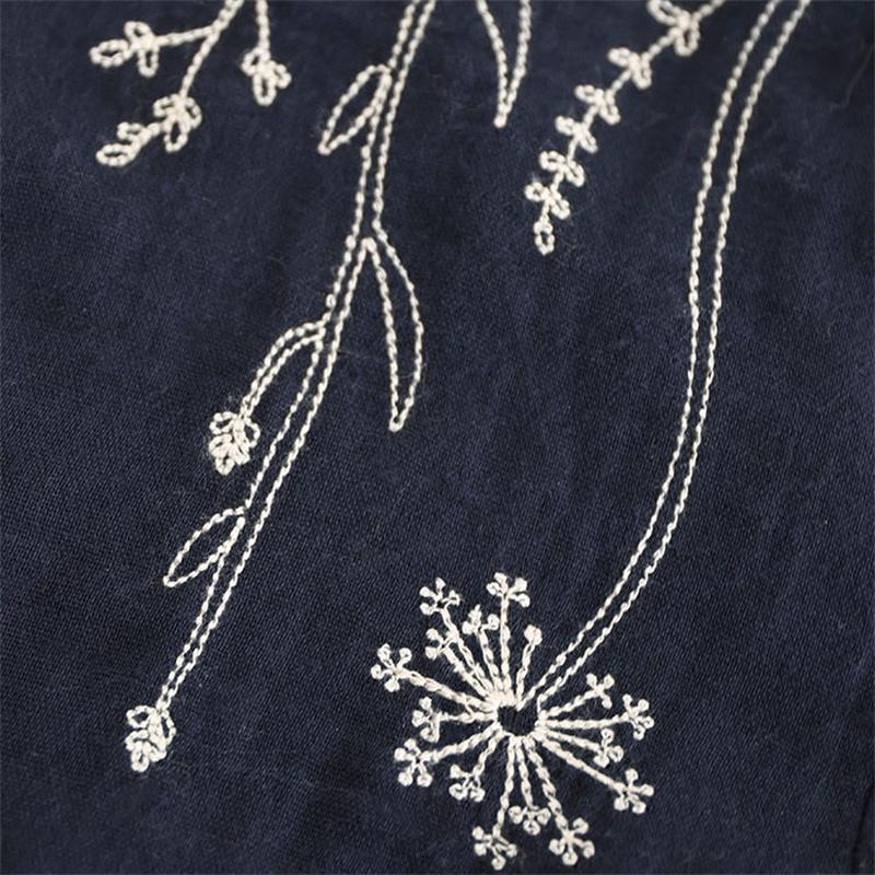 Bahar Güz Nakış Pamuk Keten Gömlek Kadın Uzun Kollu Bluz Beyaz Mavi Gevşek Yaka Düğmeli Gömlek Bayanlar Üstleri