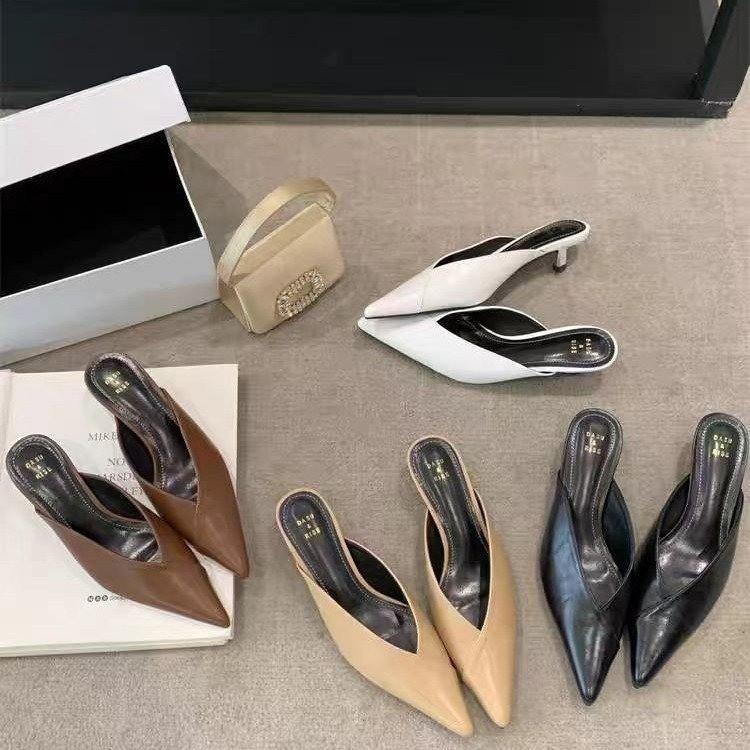 2025 Summer Simple Temperament Bag Head Half Slippers Women's Shoes Wear Versatile One Pedal Middle Heel Sandals