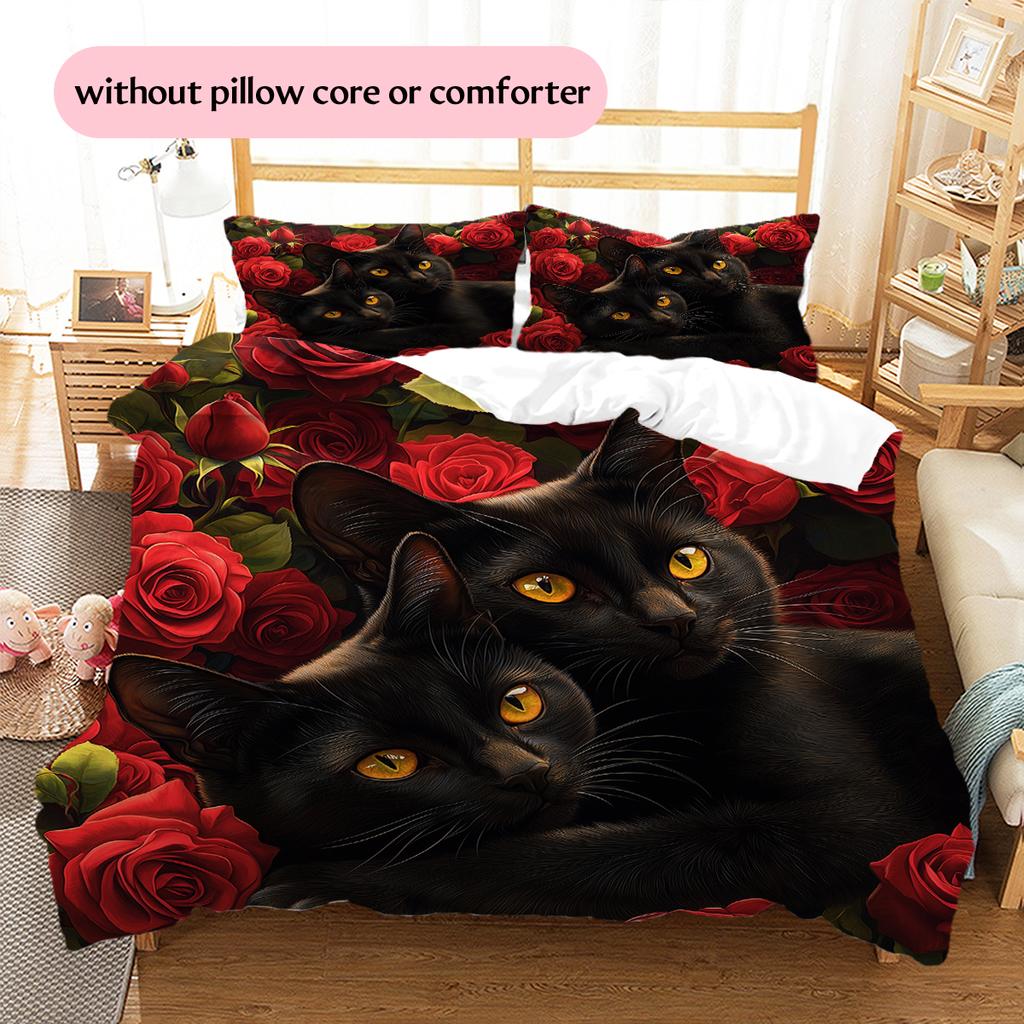 Bombay Cat and Rose Pattern Bedding Home Decoration Birthday Gift (1 * duvet cover + 2 * pillowcase, without core)