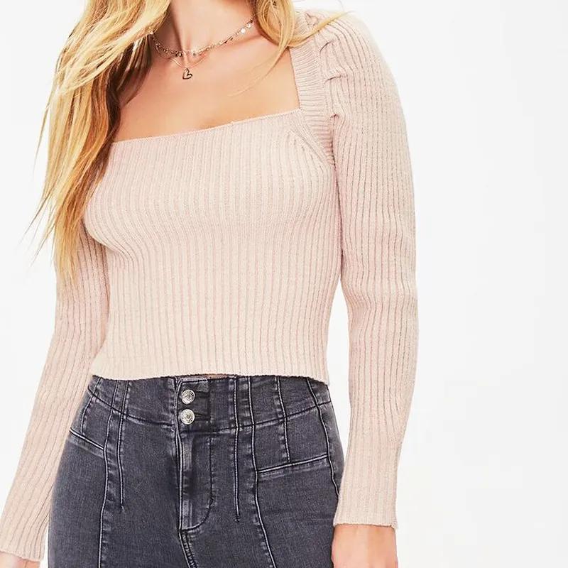 Vinter Slim-fit stickade tröjor Dam tröja bandage Fyrkantig krage tröjor Puffärm Snörning Sexig Crop Knitwear 29454