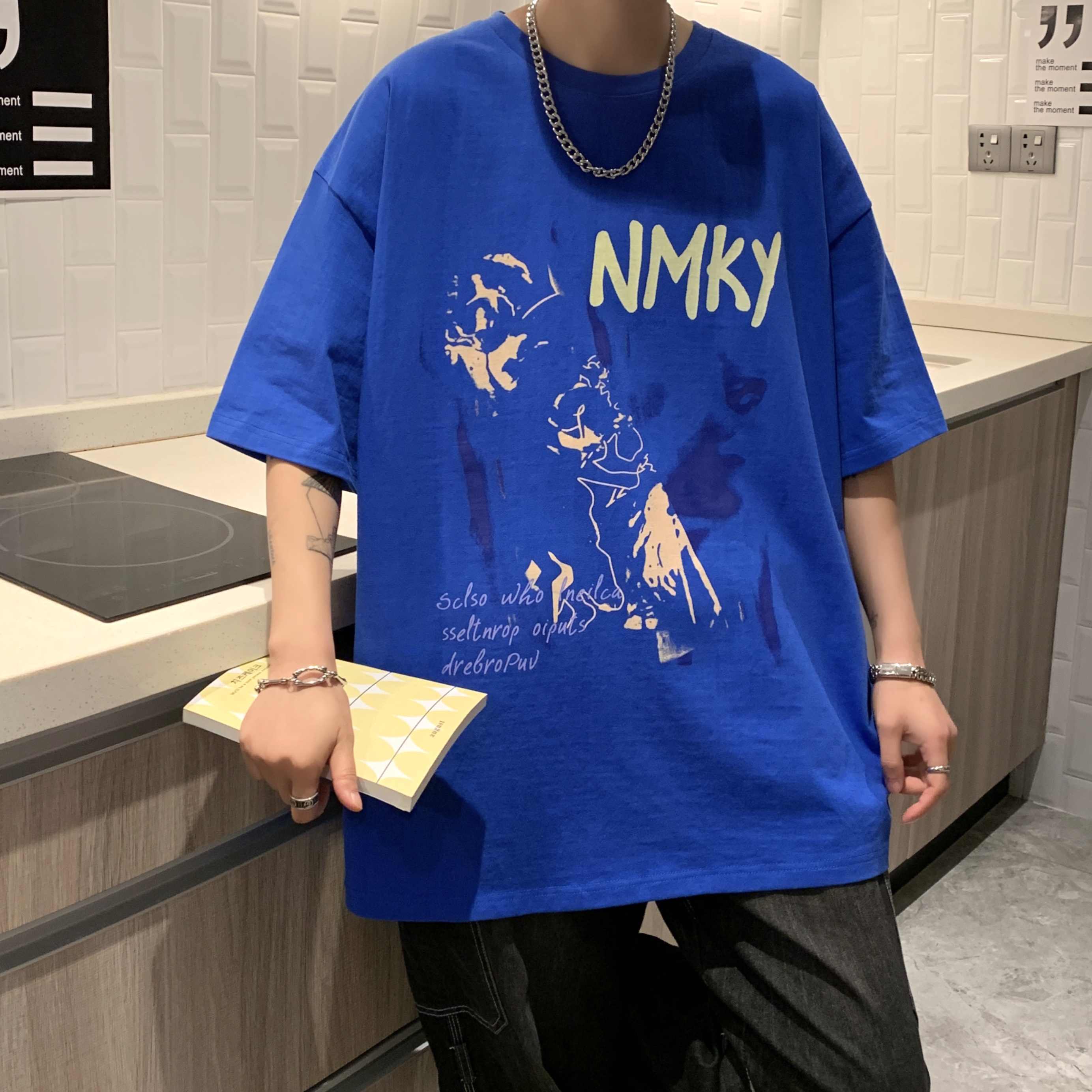 Мужская летняя футболка в стиле ретро в стиле ретро модная брендовая мужская одежда большого размера с короткими рукавами дизайнерская ниша трендовые топы 2XL синий 2915₽