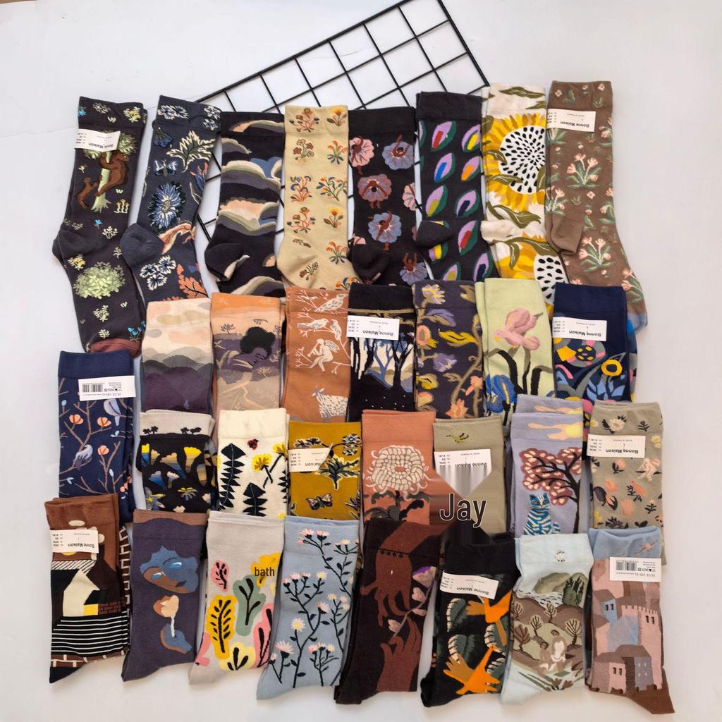French Bonne Maison Retro Mid-Calf Socks in Maillard Color Scheme - Trendy Cotton Fashion Socks