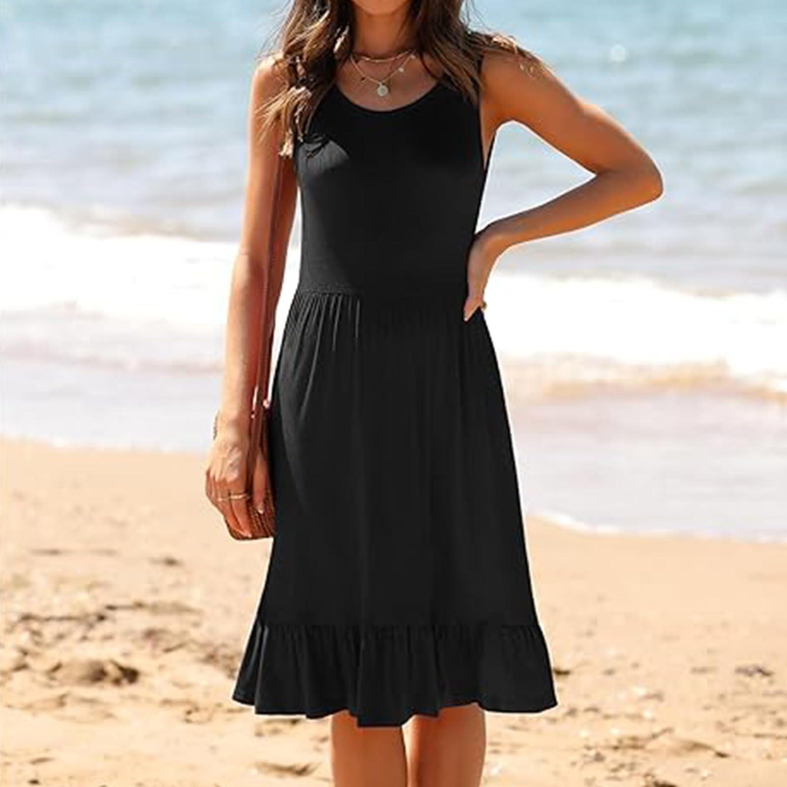 

Женские летние платья Повседневное женское платье-майка с круглым вырезом Плиссированное платье с рюшами L чёрный