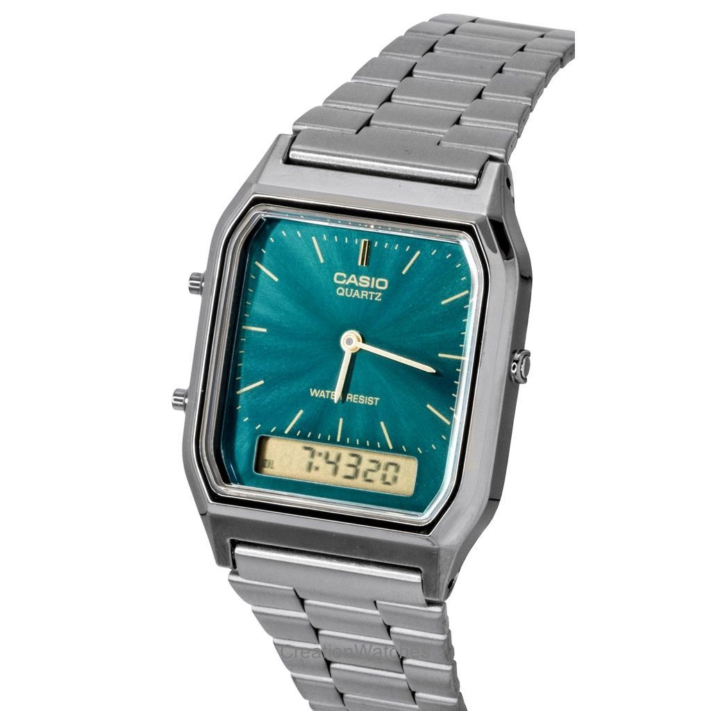 Casio Vintage Analog Digital Stainless Steel Green Dial Quartz AQ-230EGG-3A Unisex Watch