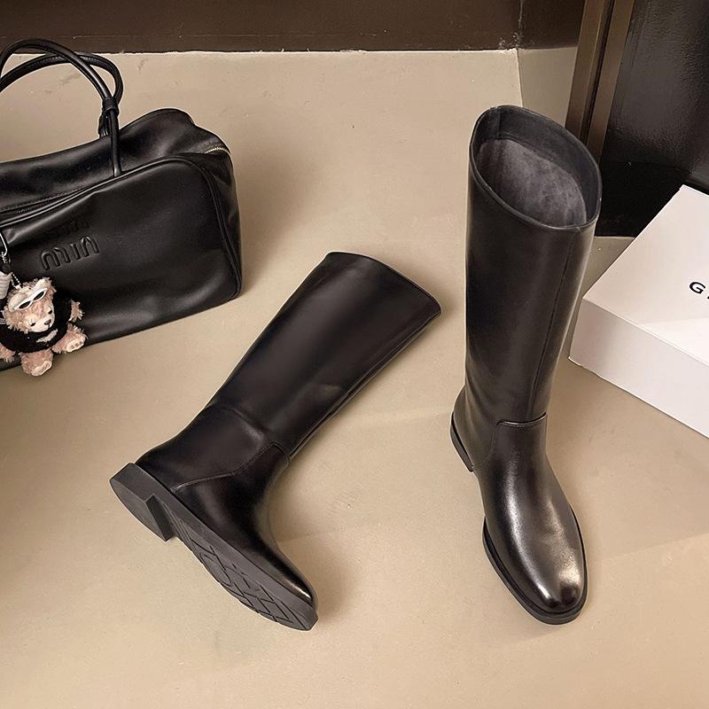 Cotton knight boots women's basic low-heeled boots autumn and winter simple versatile knee boots leather high boots