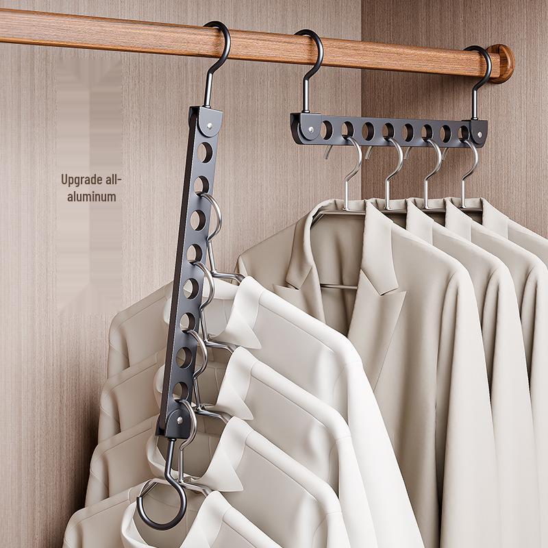 Aluminum Alloy Folding Eight-Hole Hanger with Single Hook for Versatile Wardrobe and Laundry Storage