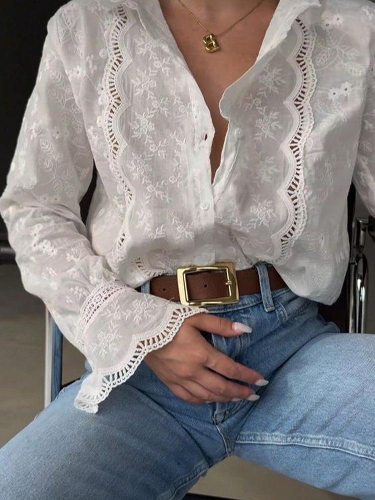 SHEIN 2025 Early Autumn Women's European & American Artistic Style Embroidered Stand Collar Long-sleeved Shirt.