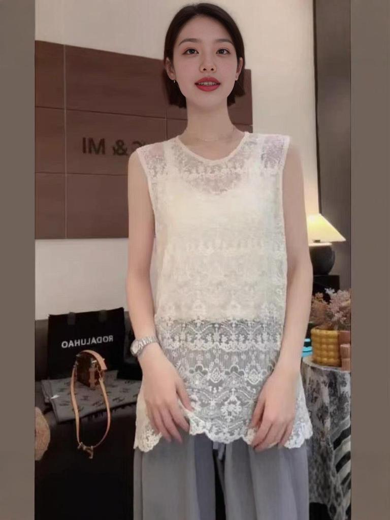 2025 Women's High-End Lace Sleeveless Vest: Round Neck, Hollow Crochet, Slimming, Chic and Versatile Outerwear Top