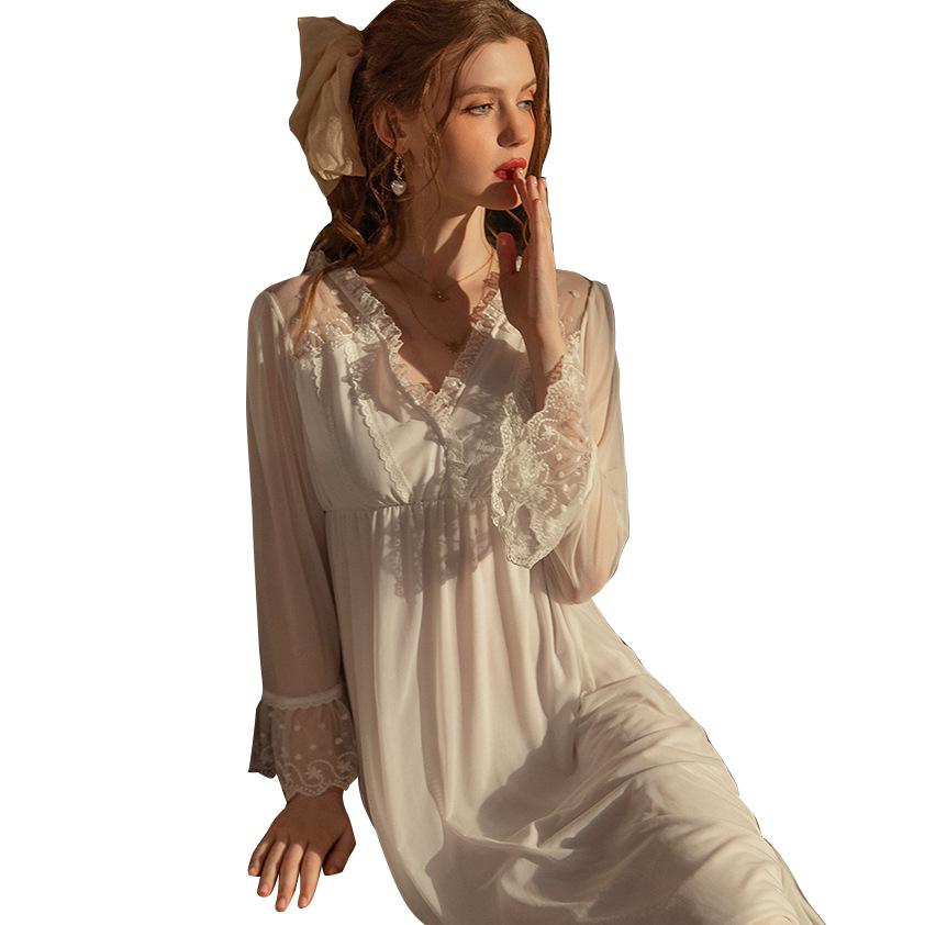 Court style long-sleeved pajamas women's skirts sweet princess mesh modal can wear loungewear plus size sexy pajamas