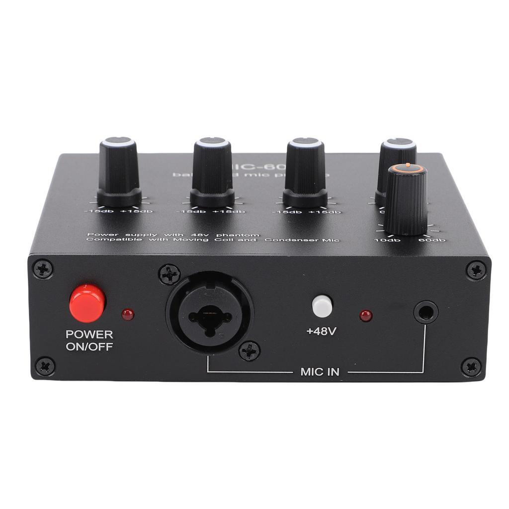 Microphone Preamp 3.5mm 6.5mm XLR Intput Output 60db Gain Condenser and Dynamic Mic Preamplifier with 48V Phantom Power