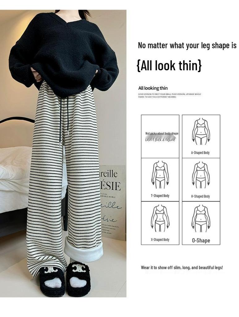 Petite Women's Fleece-Lined Black & White Striped Wide-Leg Pants for Autumn/Winter - Soft, Cozy Fit
