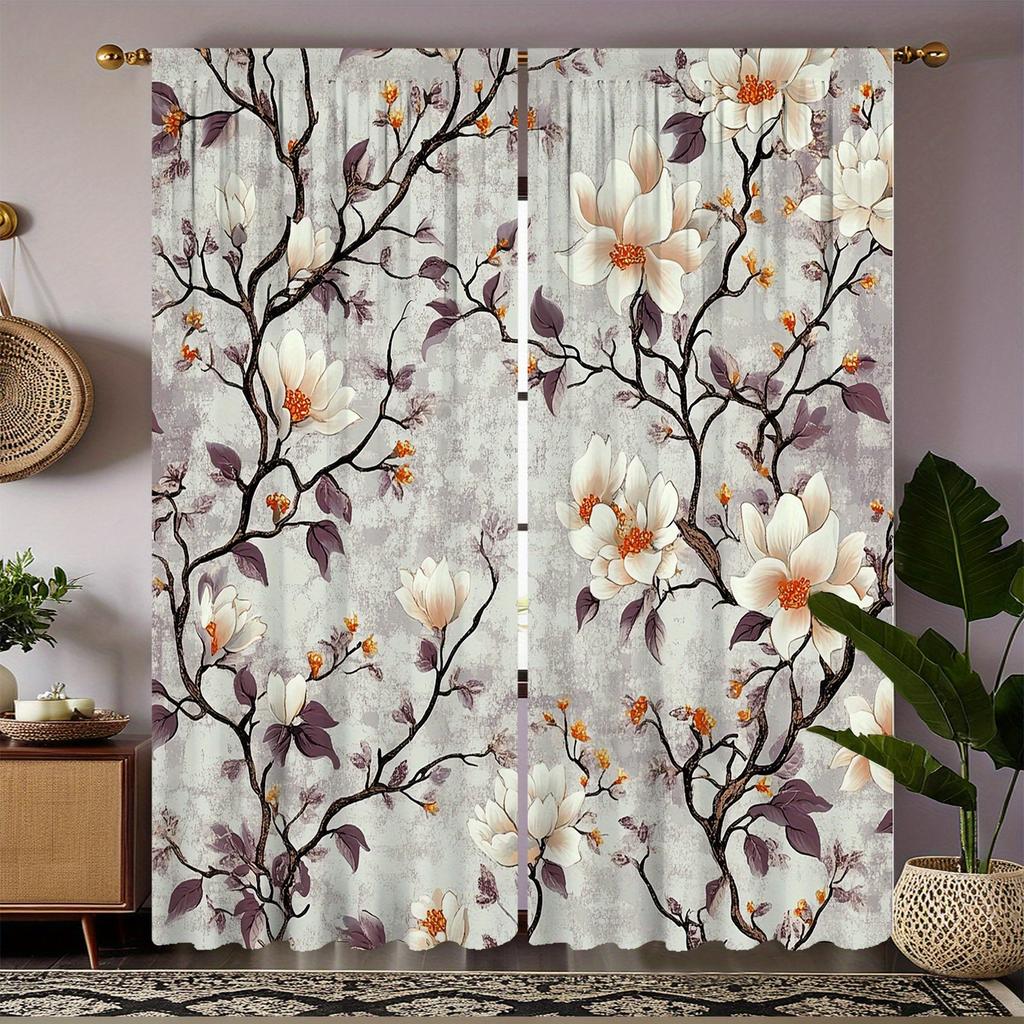 2Pc Magnolia Flower Print Curtains, Polyester Fabric, Machine Washable, Suitable For Bedroom Living Room Decoration