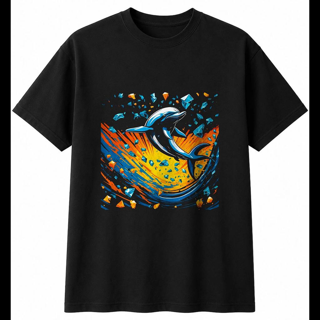 Graphic Dolphin Shattered Sea Ocean Mens T-Shirt Black 100% Cotton Printed