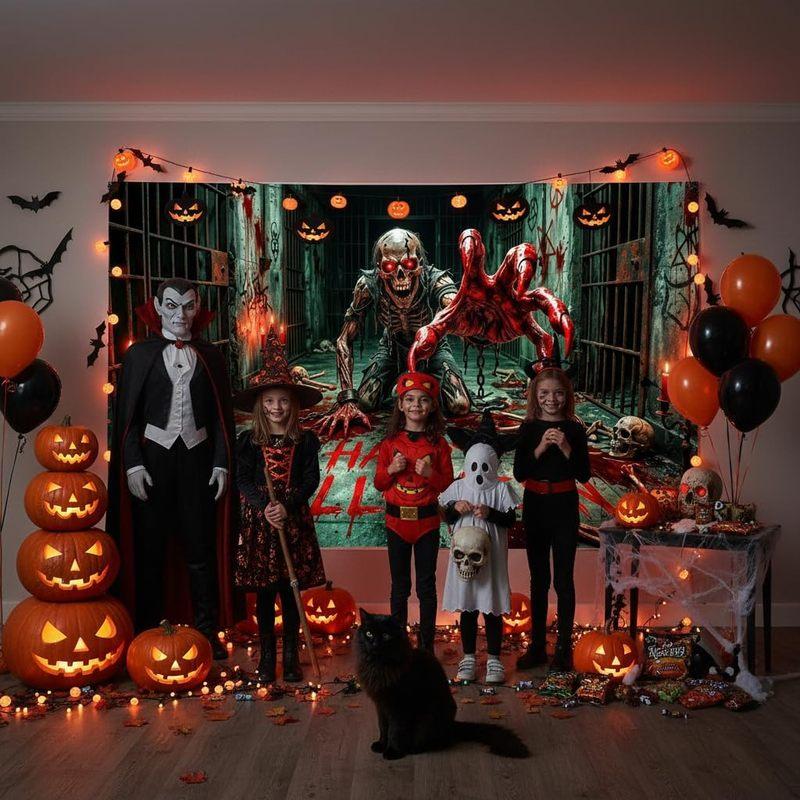 1pc,2Dflat, Halloween horror background, terrifying zombies, bloody monsters, crawling skeletons, Halloween happy background, ws