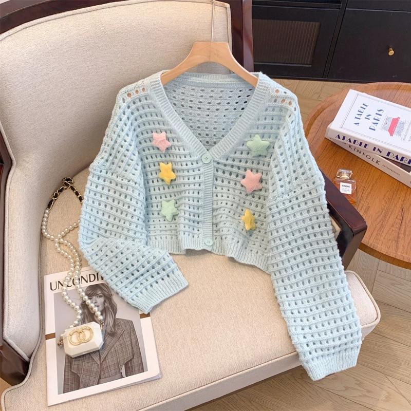 

Gentle wind sweet hollow cardigan jacket women s spring and autumn knitted top three-dimensional star short sunscreen blouse Average size 53-245 синій