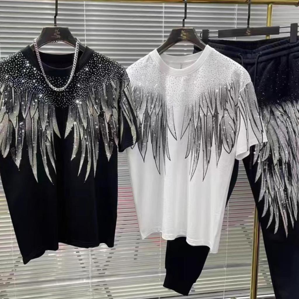 Extra-large Size Diamond-studded Wings Couple-style Short-sleeved Shirt, Loose-fitting and Slimming for Men's T-shirt