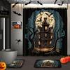 Halloween Shower Curtain Sets With Rugs Black Pumpkin Bathroom Set With Non-Slip Rug, Toilet Lid Cover, Bath Mat And 12 Hooks