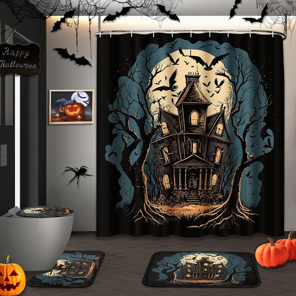 Halloween Shower Curtain Sets With Rugs Black Pumpkin Bathroom Set With Non-Slip Rug, Toilet Lid Cover, Bath Mat And 12 Hooks