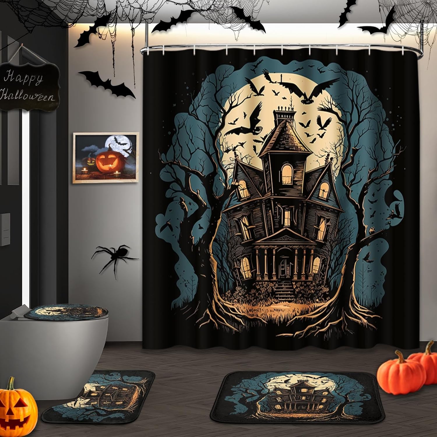 

Halloween Shower Curtain Sets With Rugs Black Pumpkin Bathroom Set With Non-Slip Rug, Toilet Lid Cover, Bath Mat And 12 Hooks W60H190(CM)-1 Pcs