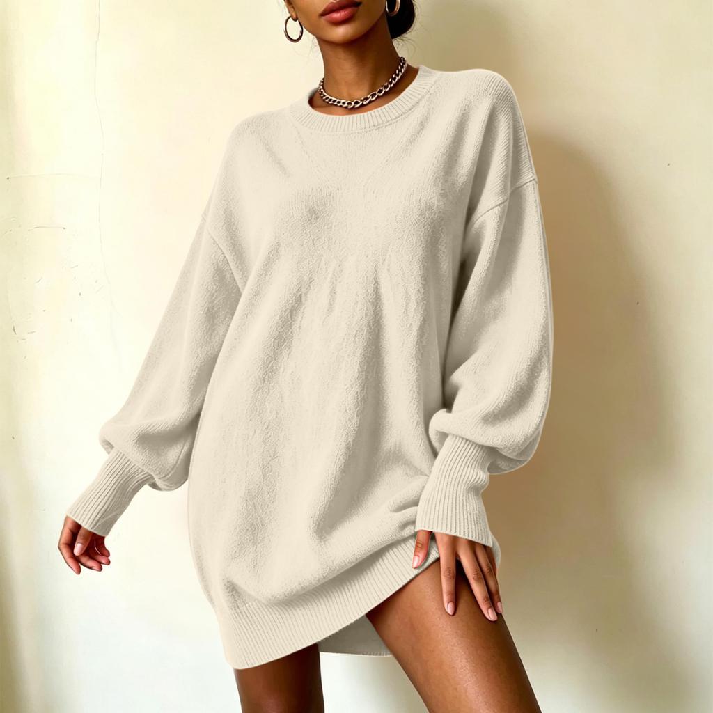 Women's Loose Fit Knit Midi Sweater Dress with Sleeves and Turn-Down Collar