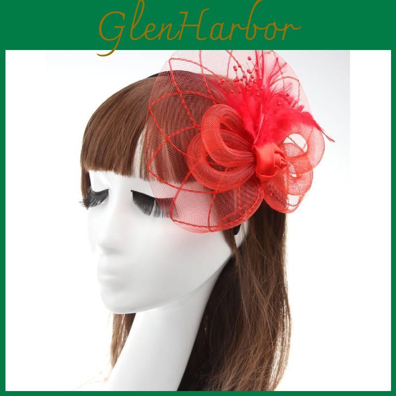 Vintage Feather Flower Bridal Headpiece With Veil And Mesh For Women