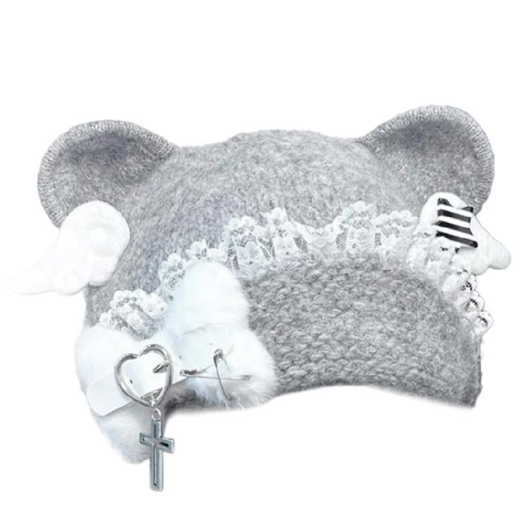 Warm Blue Bear Hat with Ear Furry Caps Cartoon Ear Hat Solid Color Wing Winter Plush Hat for Casual Wear