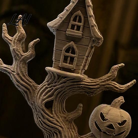 Detailed Resin Style Figurines 3D Printed Halloween Tree House Ornament with Pumpkin Spooky Table Realistic Pumpkin Face Statues Centerpiece,
