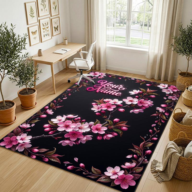 Floral Garden Theme Crystal Velvet Rug Personalized Custom Name Text Soft Floor Mat Home Decor