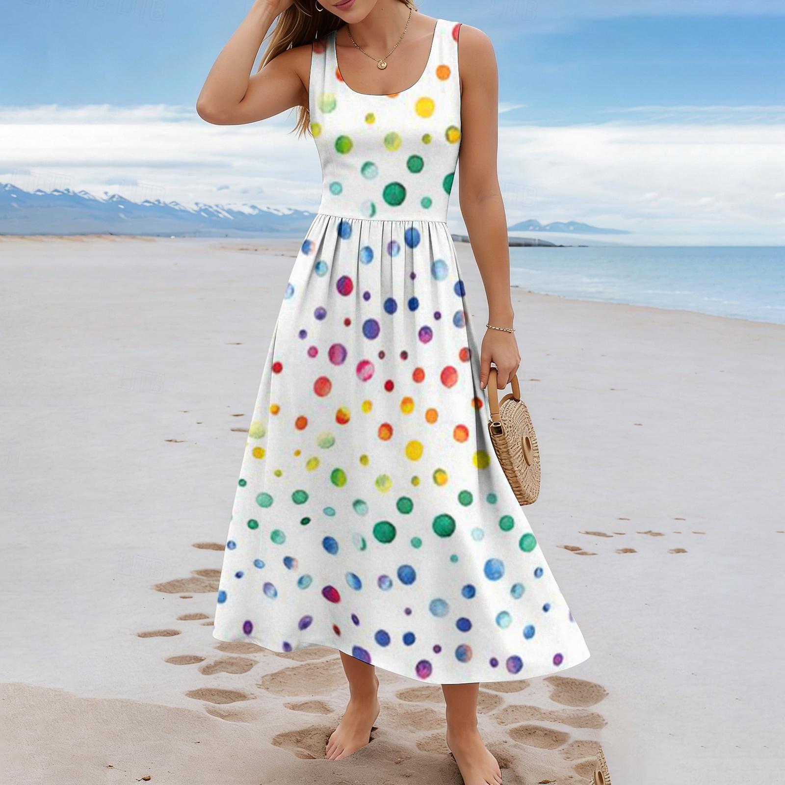 Ladies  polka dot summer casual and fashionable sleeveless long dress XXL
