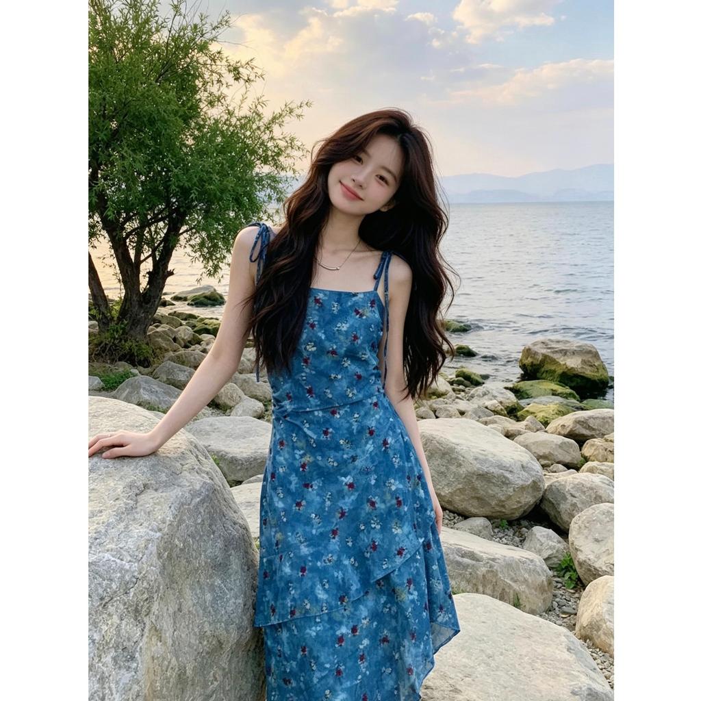 French sweet Spice Girl floral suspender dress women's summer new pure desire vacation wear waist split long dress