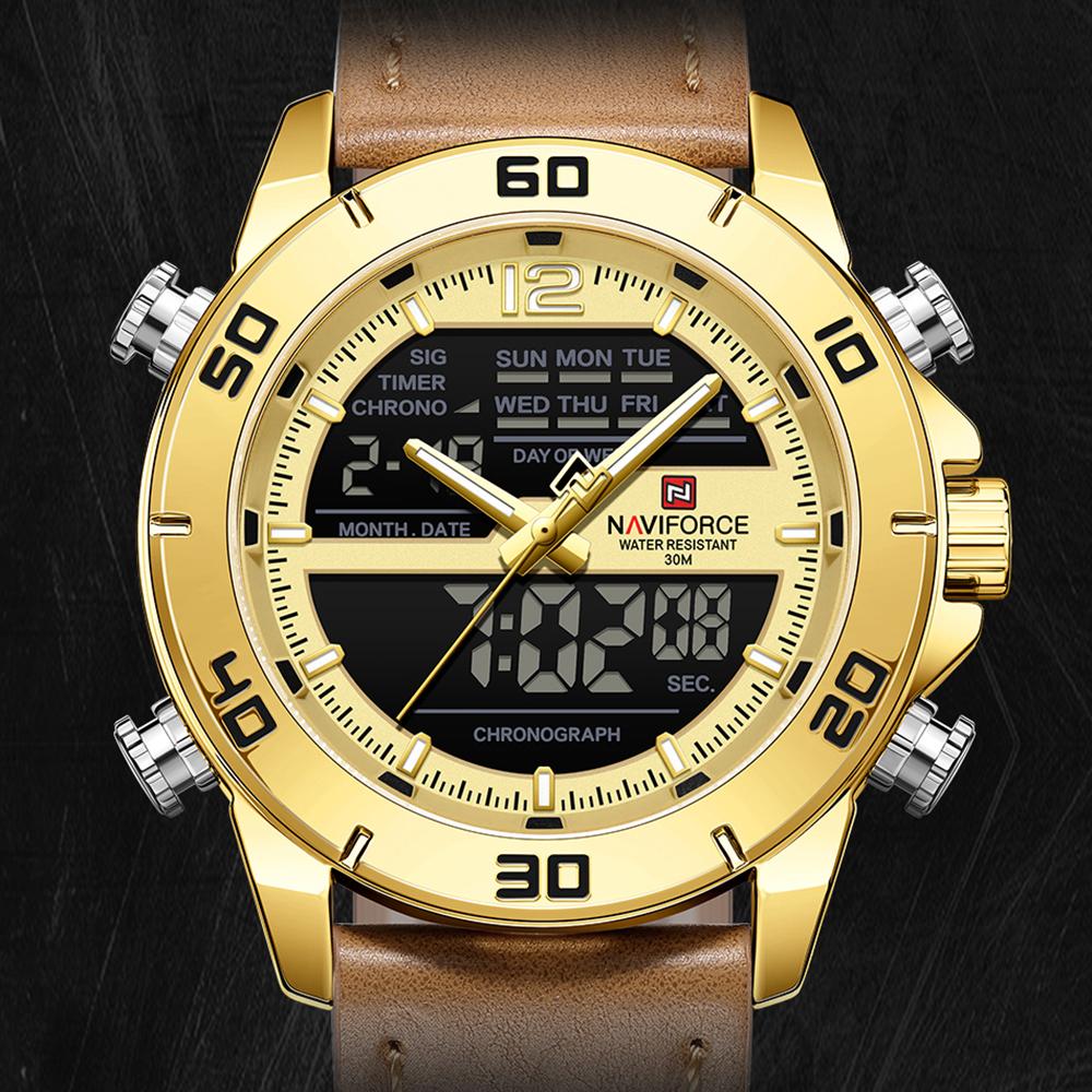 Naviforce Men's Leather Chronograph Quartz Watch Calendar Date 3ATM Waterproof Night Pattern Luminous Pointer Multifunctional Men's Watch NF9253L