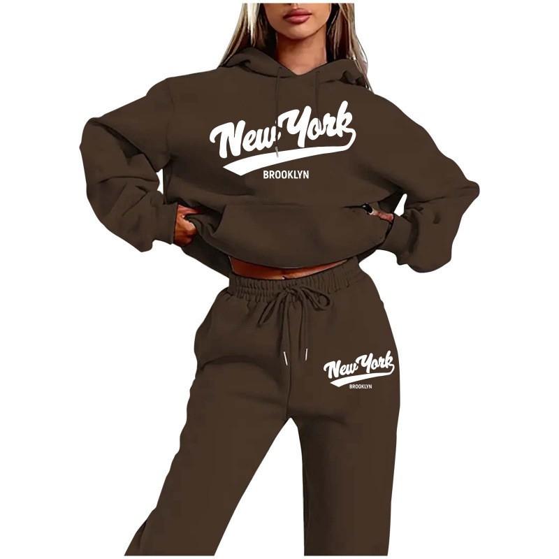 Womens 2026 New York Print Hooded Sweatshirt Set With Fleece-Lined Pants Fall Winter Outfit Streetwear Casual Tracksuit