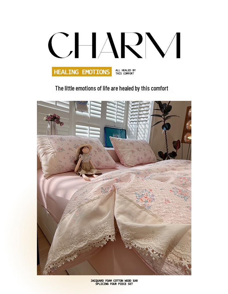 French-Inspired Floral Cotton Puff Lace Trim Bedding Set, 4-Piece Sheet and 3-Piece Duvet Cover